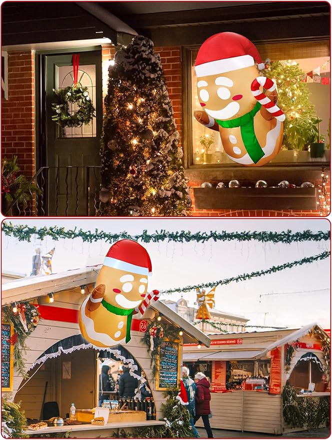 TURNMEON - Hombre de jengibre inflable de Navidad que salió por la ventana, luces LED brillantes integradas, 3.5 pies, decoración de Navidad para inflar, interior y exterior, patio, jardín, césped