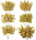 Moucuny 75 Pcs Christmas Glitter Picks Gold Artificial Christmas Tree Picks and Sprays for Christmas Tree 5 Styles Berries Stems Cedar Bay Leaves Fern Pine Branches for Vase Fillers Wreath Garland
