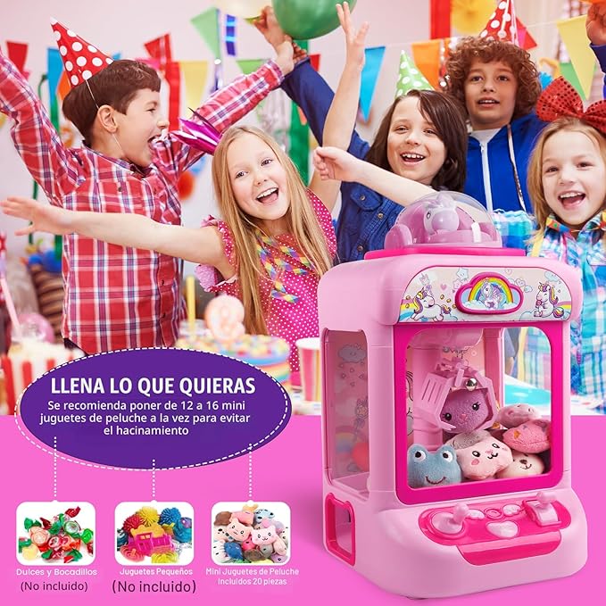 TingingYuli - Máquina de garras para niños, mini máquinas expendedoras de unicornio con agarrador de dulces y dispensador de premios para niñas, juego electrónico de arcade con 20 juguetes de peluche