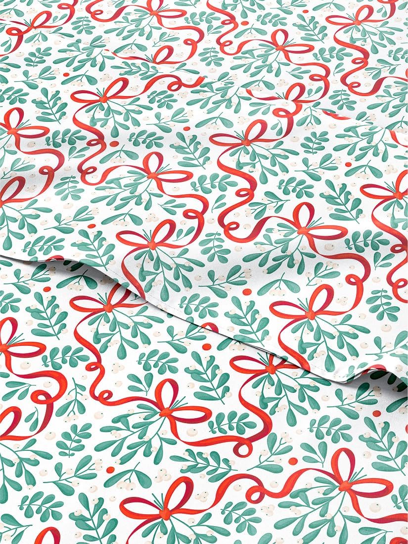 King Christmas Ribbon Sheet Set - Holiday Xmas Pattern Bedding Set - Deep Pockets - Snug Fit - 4 Piece - Wrinkle Free & Easy Care - Comfy Festive Winter - Holiday Sheets for Women, Men, Kids & Teens