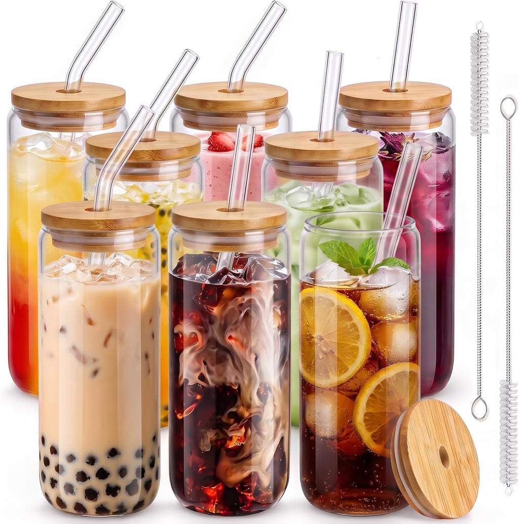 NOTA SOLO VIENEN 7 PAJILLAS DE VIDRIO Vasos SENTVEND de 20 oz con tapas de bambú y pajita de vidrio - 8 vasos de vidrio para cerveza, hielo y café. Diseño atractivo y elegante, ideal para cafeterías. Incluye 2 cepillos de limpieza.