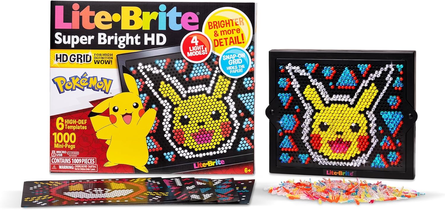 Lite Brite Super Bright HD, Edición Pokémon - Pantalla retro iluminada creativa - Juego educativo para niños, potencia la creatividad, regalo para niños y niñas a partir de 6 años 