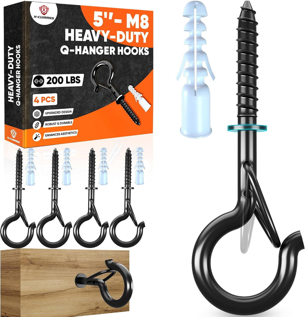 [ALTA CARGA DE TRABAJO] 200 libras 4 piezas de ganchos Q-Hanger M8 con arandela y hebilla de seguridad, resistentes 5″ Ganchos de tornillo a prueba de viento para colgar plantas, yoga, luces, usos interiores y exteriores - Tubos de expansión