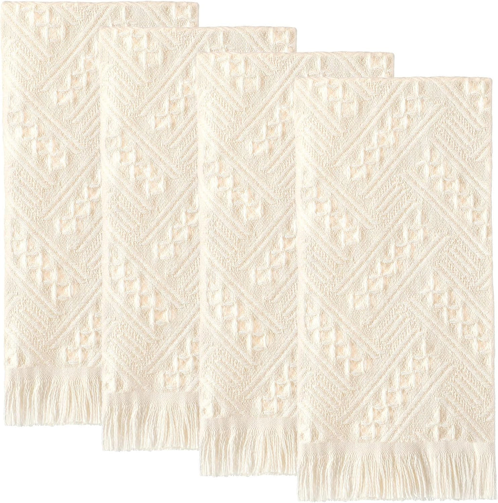HunnmingRe Paquete de 4 toallas de mano estilo boho para baño y cocina, 14x30 pulgadas, 100% algodón turco, toalla decorativa estilo boho primaveral, estilo rústico, absorbente, suave, ideal como regalo para invitados (blanco crema).
