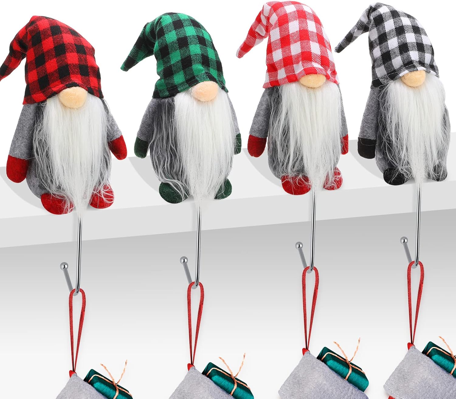 Yilloog 4 Pcs Gnomes Christmas Stocking Holders for Mantle,Christmas Stocking Holder Stand Xmas Hooks Hanger for Christmas Fireplace Decorations Party Gnome Decor(Classic Style)