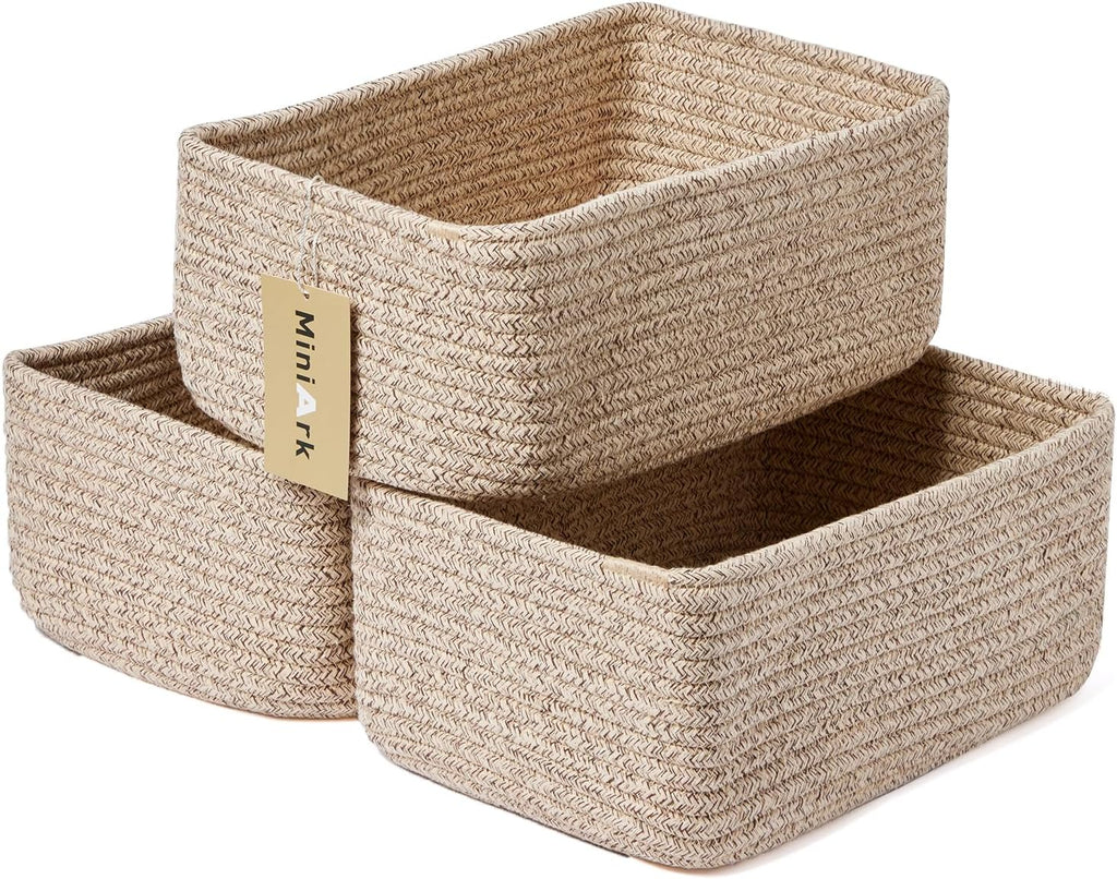 Cestas pequeñas de almacenamiento MiniArk para organizar | Contenedores organizadores de armario | Cesta para juguetes de estante | Cestas de cuerda tejida | Caja decorativa cúbica | Cesta poco profunda | 11,5 x 7,5 x 4,7 cm | Marrón