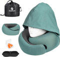 Almohada de viaje Vzpeun - Almohada cervical con capucha, rellena de espuma viscoelástica, ideal para aviones, oficinas, coches, viajes largos y como accesorio esencial para viajar en avión. Incluye antifaz y tapones para los oídos (verde).