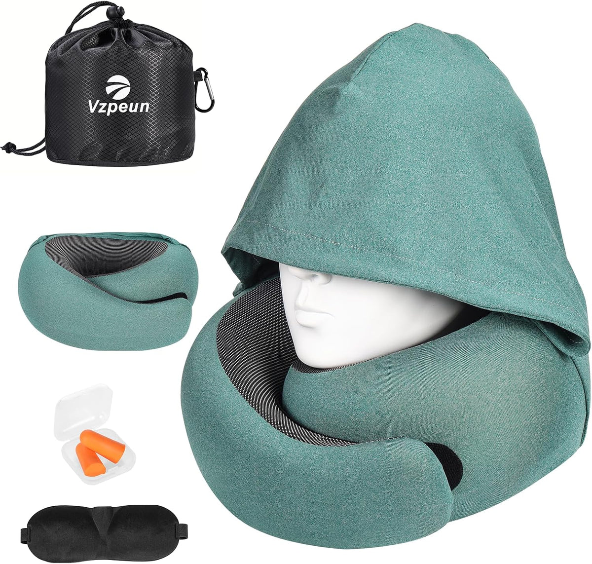 Almohada de viaje Vzpeun - Almohada cervical con capucha, rellena de espuma viscoelástica, ideal para aviones, oficinas, coches, viajes largos y como accesorio esencial para viajar en avión. Incluye antifaz y tapones para los oídos (verde).