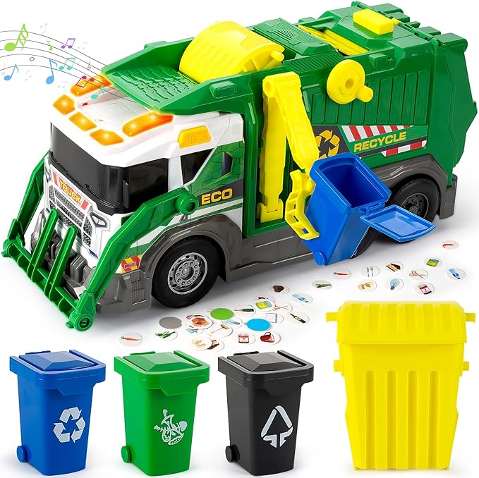 Camión de Basura Juguete Grande con Sonido, Luz y Accesorios – Incluye Contenedores, Tarjetas Educativas y Propulsión por Fricción, Para Niños de 3 a 8 Años