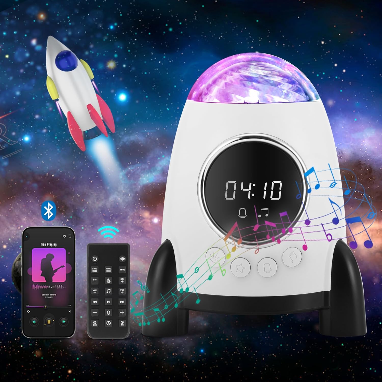 Proyector de estrellas con despertador, cohete Galaxy para dormitorio, altavoz Bluetooth y aurora con ruido blanco 