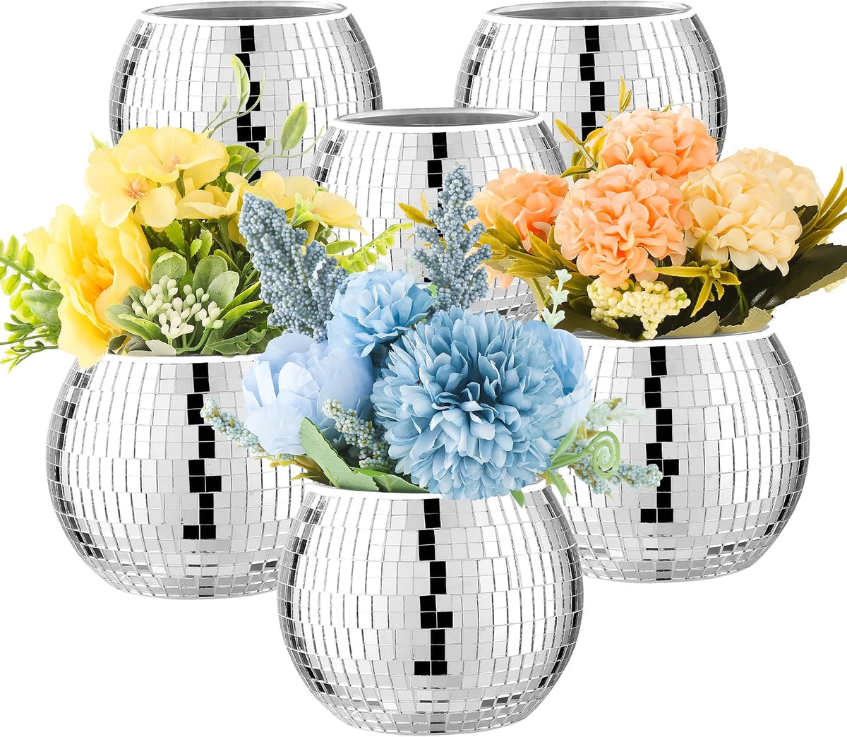 1 FALTANTE. Floreros Bola de Disco 6 Piezas | Maceteros para Centros de Mesa | Decoración con Espejo Plateado para Bodas, Cumpleaños y Fiestas | 3x4 Pulgadas