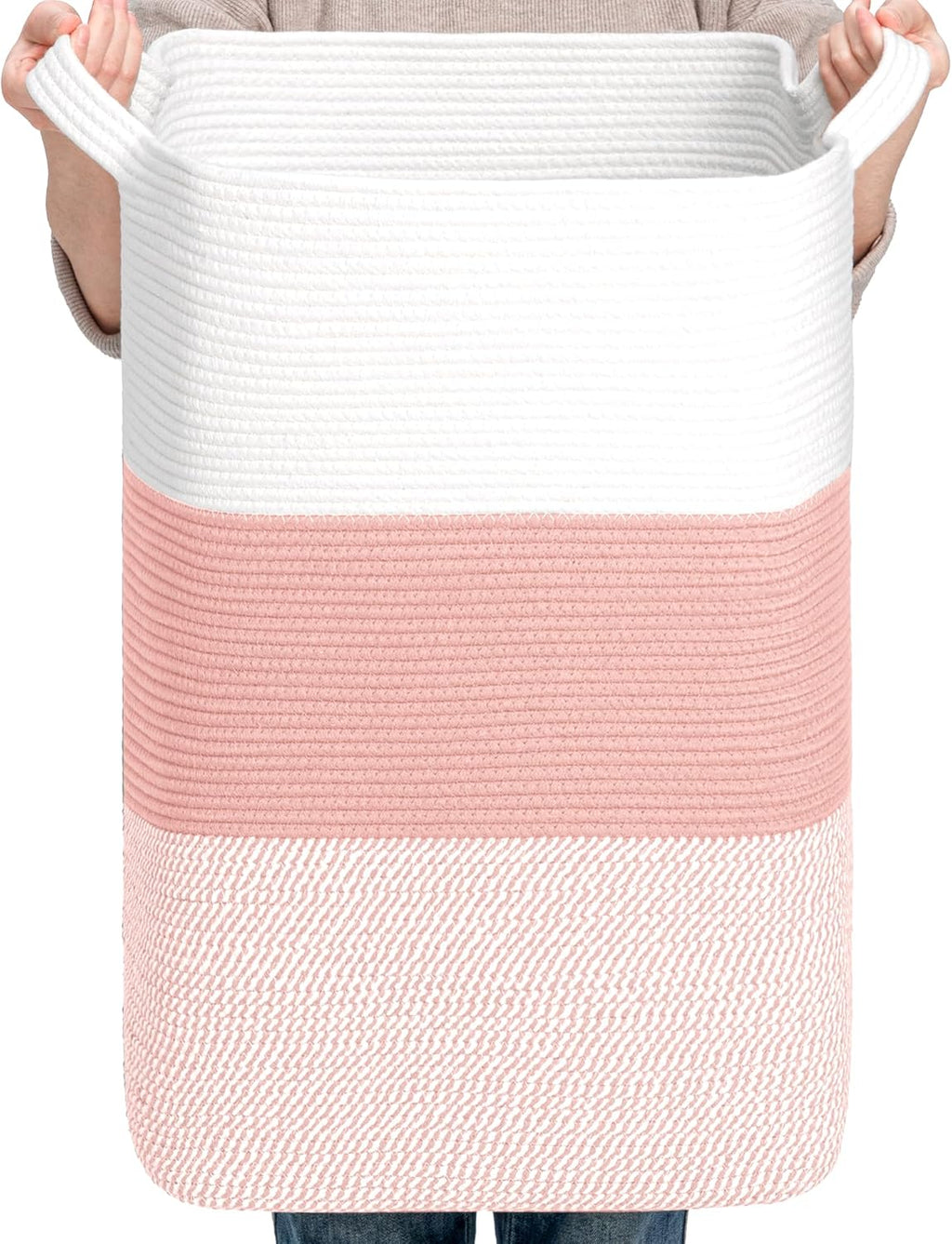 CLHMILY&Z 75L Laundry Hamper Rectangular Pink Rope Basket - 16x13x22 Inches - Dirty Clothes Storage Soft Organizer Bin for Blankets, Toys, and Nursery Essentials