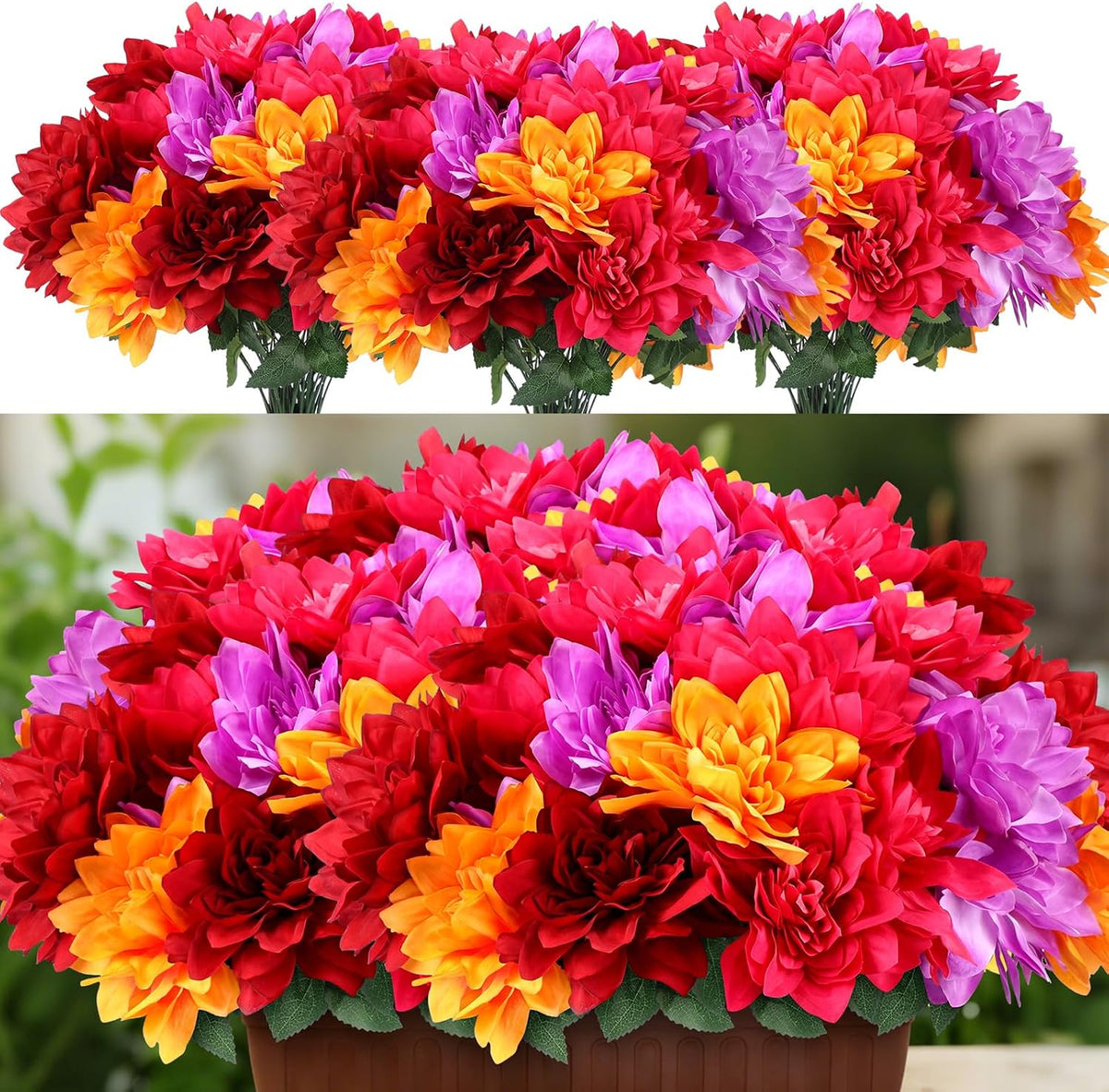 6 piezas de dalias artificiales de primavera para exteriores, 42 cabezas de dalias de seda para decoración de interiores y exteriores, ideales para ramos, centros de mesa, jardineras y macetas. Colores surtidos (rojo, rosa, morado, naranja).