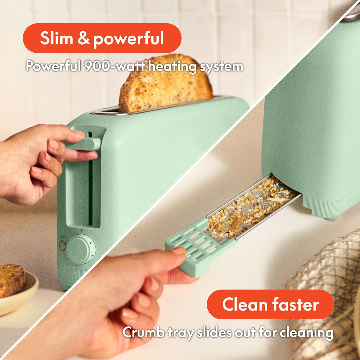 bella – Tostadora Slim 2 Rebanadas | 6 Niveles de Tostado | Ranura Larga 10" | Recalentar y Cancelar | Apagado Automático | 900W | Color Seaglass