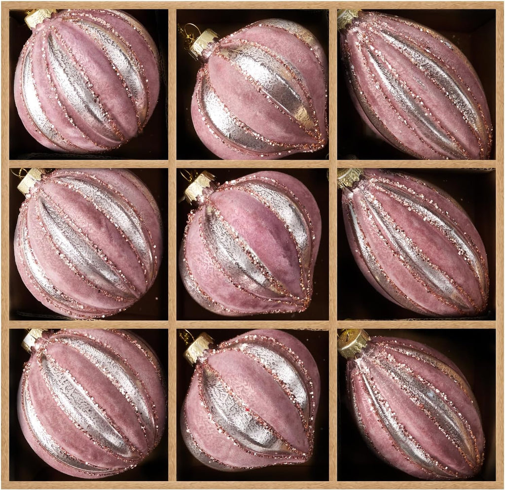 DN DECONATION Pink Glass Christmas Ornaments, Flocked Velvet Hanging Ball Ornament with Assorted Sizes & Designs, Matte Ornaments for Vintage Xmas Tree Home Party Decor (9PCS)
