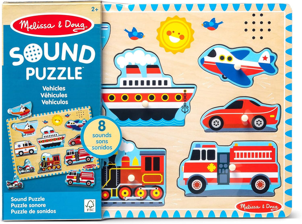 Melissa & Doug Puzzle Vehículos con Sonidos, Rompecabezas de Madera para niños, Tablero de Madera Resistente, Juguete Educativo, Montessori, Regalo para niños y niñas de 2 3 4 años
