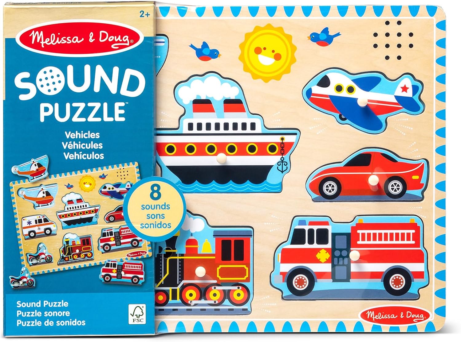 Melissa & Doug Puzzle Vehículos con Sonidos, Rompecabezas de Madera para niños, Tablero de Madera Resistente, Juguete Educativo, Montessori, Regalo para niños y niñas de 2 3 4 años