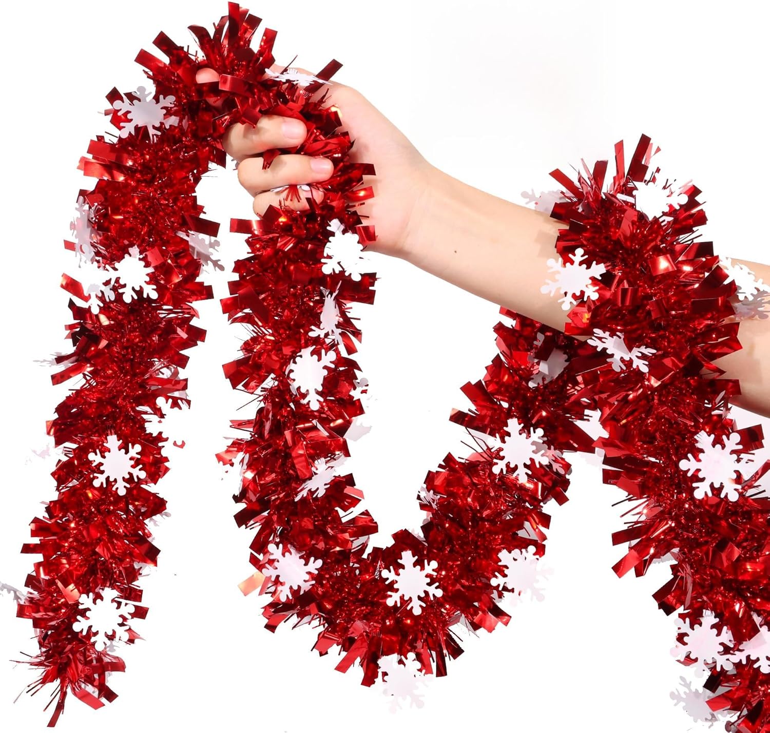 Guirnalda Navideña Roja con Copos de Nieve - Tinsel Metálico 50ft, Decoración Interior y Exterior
