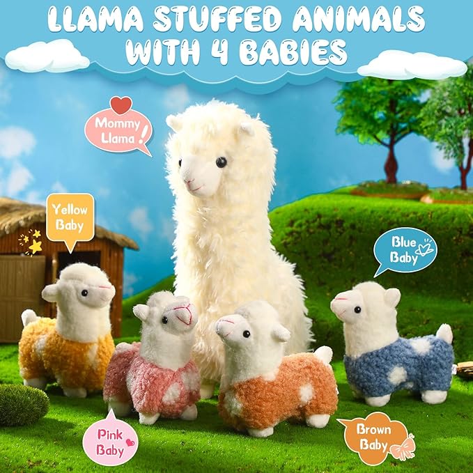 Civaner Animal de peluche de llama con 4 peluches de llama bebé, lindo juego de peluche de alpaca suave Kawaii para niños y niñas, graduación, Navidad, fiesta de cumpleaños, donación benéfica para decoración del hogar (blanco)