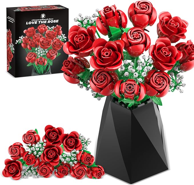Sopu Juego de construcción de ramo de rosas rojas, 960 piezas de rosas artificiales, colección botánica para mesa de comedor, decoración del hogar, regalo para el día de la madre, regalos de cumpleaños, flores para decoración del hogar