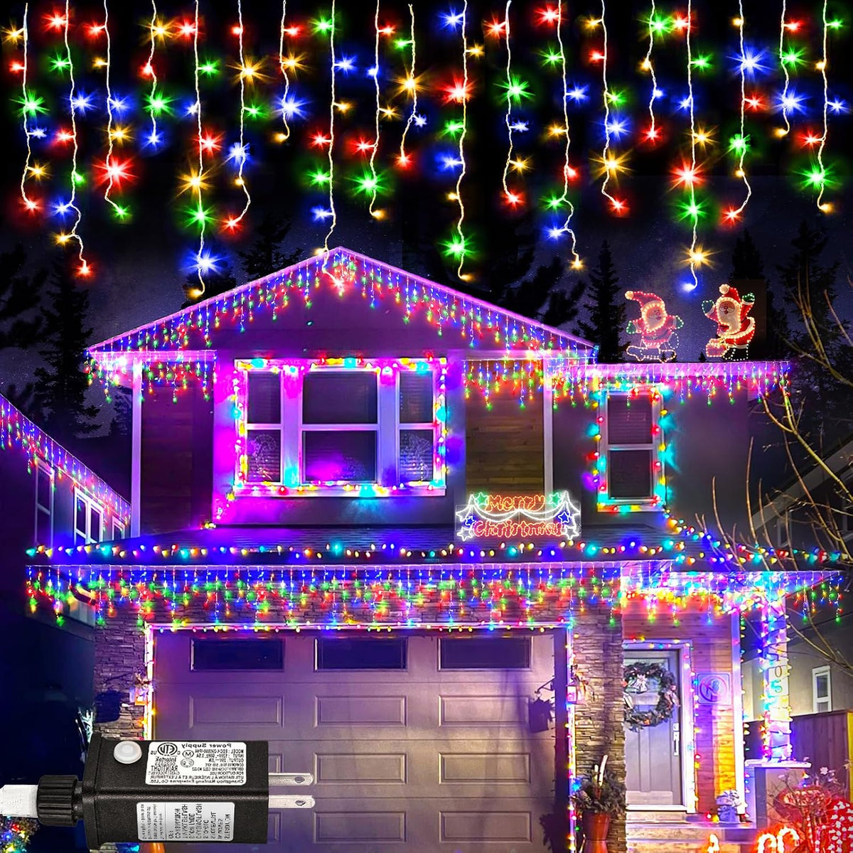 Luces navideñas de colores, 20 metros (66 pies), 640 LED, tipo carámbano, para exteriores, con cable transparente conectable, temporizador de 8 modos, enchufables, resistentes al agua, ideales para jardín, árboles, aleros, fiestas y decoración navideña