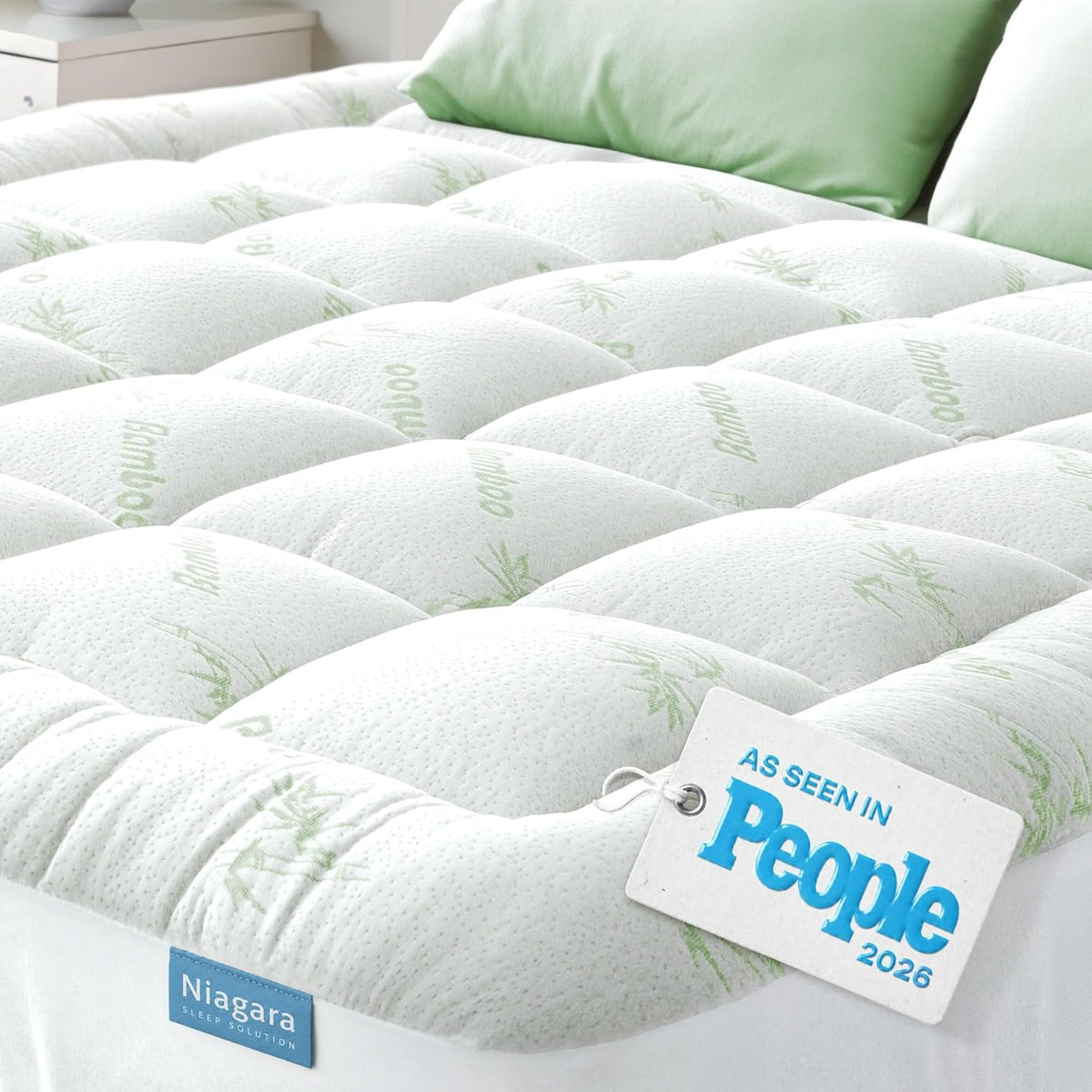 Cubrecolchón ultrasuave tamaño matrimonial Niagara Sleep Solution - Almohadilla de colchón de rayón derivada de bambú para aliviar el dolor de espalda - Refrescante natural para quienes sienten calor al dormir, color verde