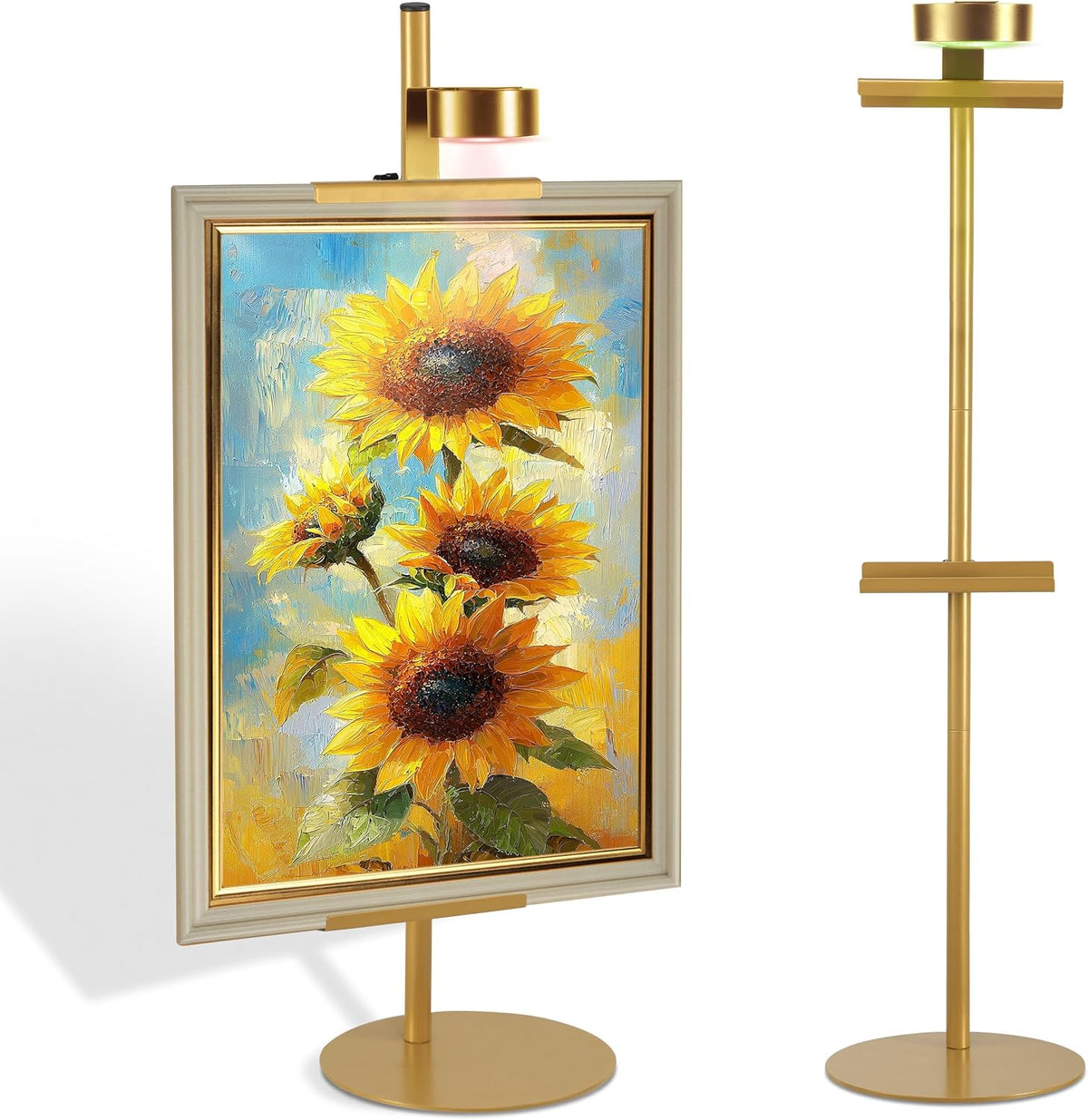 Soporte de Escritorio para Marcos de Foto con Luz LED Magnética - Ajustable hasta 30", Batería Recargable, 3 Temperaturas de Color y 13 Modos RGB - Dorado