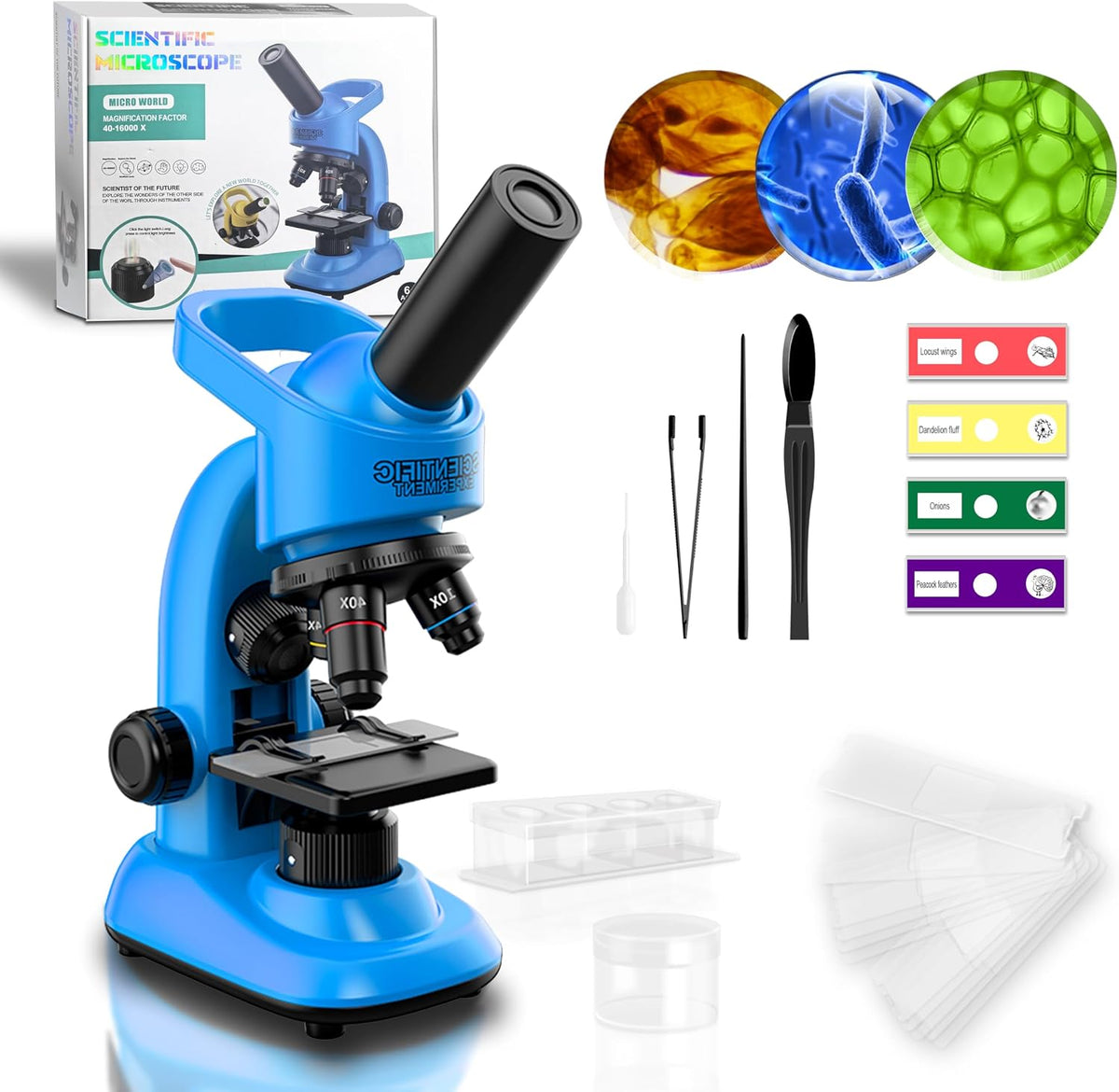 INCOMPLETO-Microscopio para Ninos 40-1600x, Kit STEM con Laminas Preparadas, Luz LED y Herramientas, Juguete Cientifico para Ninos de 6 a 12 Anos