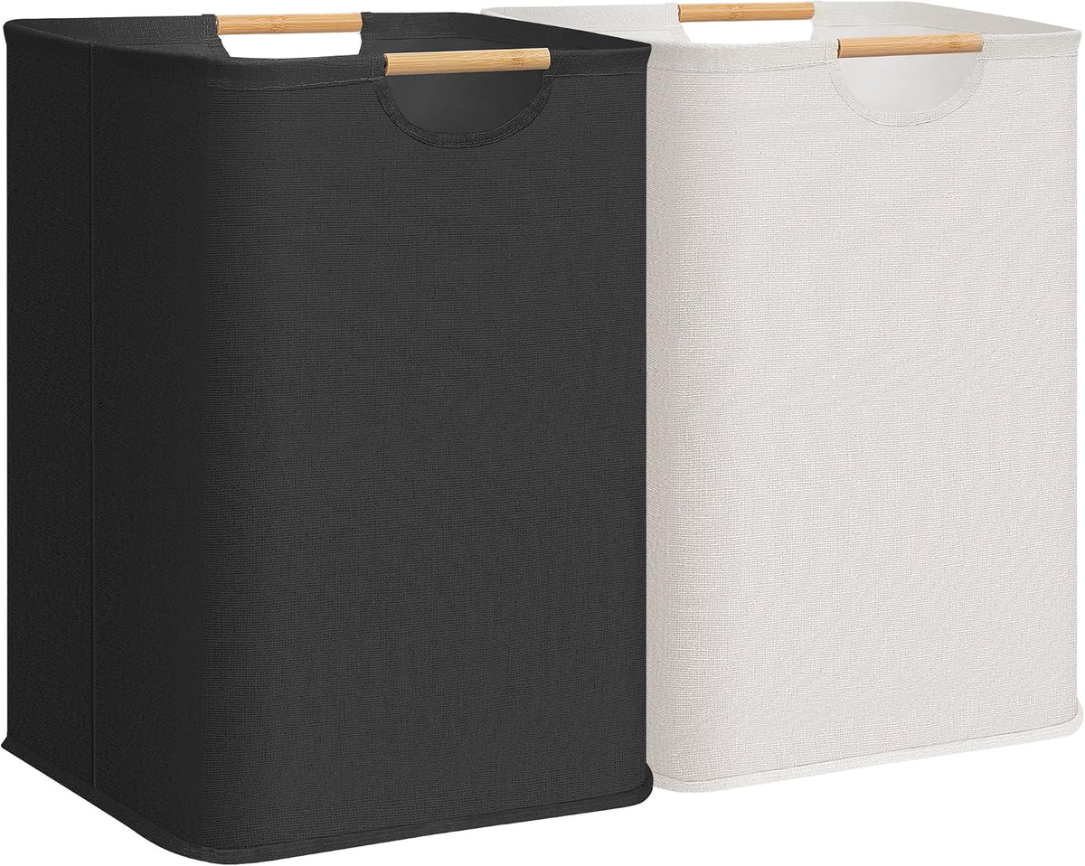 Cesto de Ropa STORAGE MANIAC 2 Piezas Grande, 100L Cesto Plegable con Asas de Bambú, Impermeable Independiente para Dormitorio, Residencia, Toallas, Juguetes (Negro+Blanco)