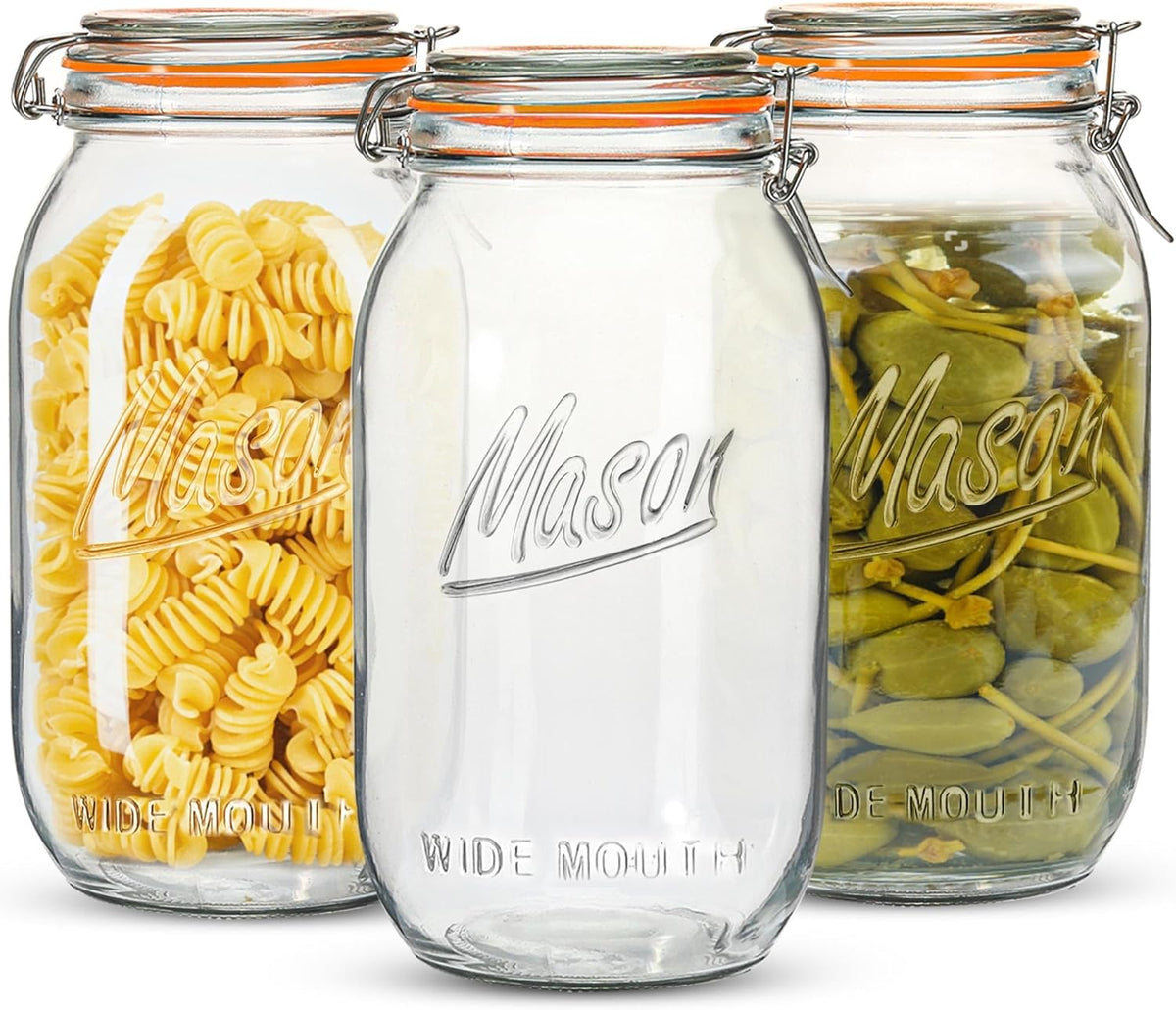 Anwoi Frascos Mason Boca Ancha 1.9 L | Pack de 3 Medio Galón con Tapas Herméticas | Frascos de Vidrio con Escala para Conservas y Almacenamiento