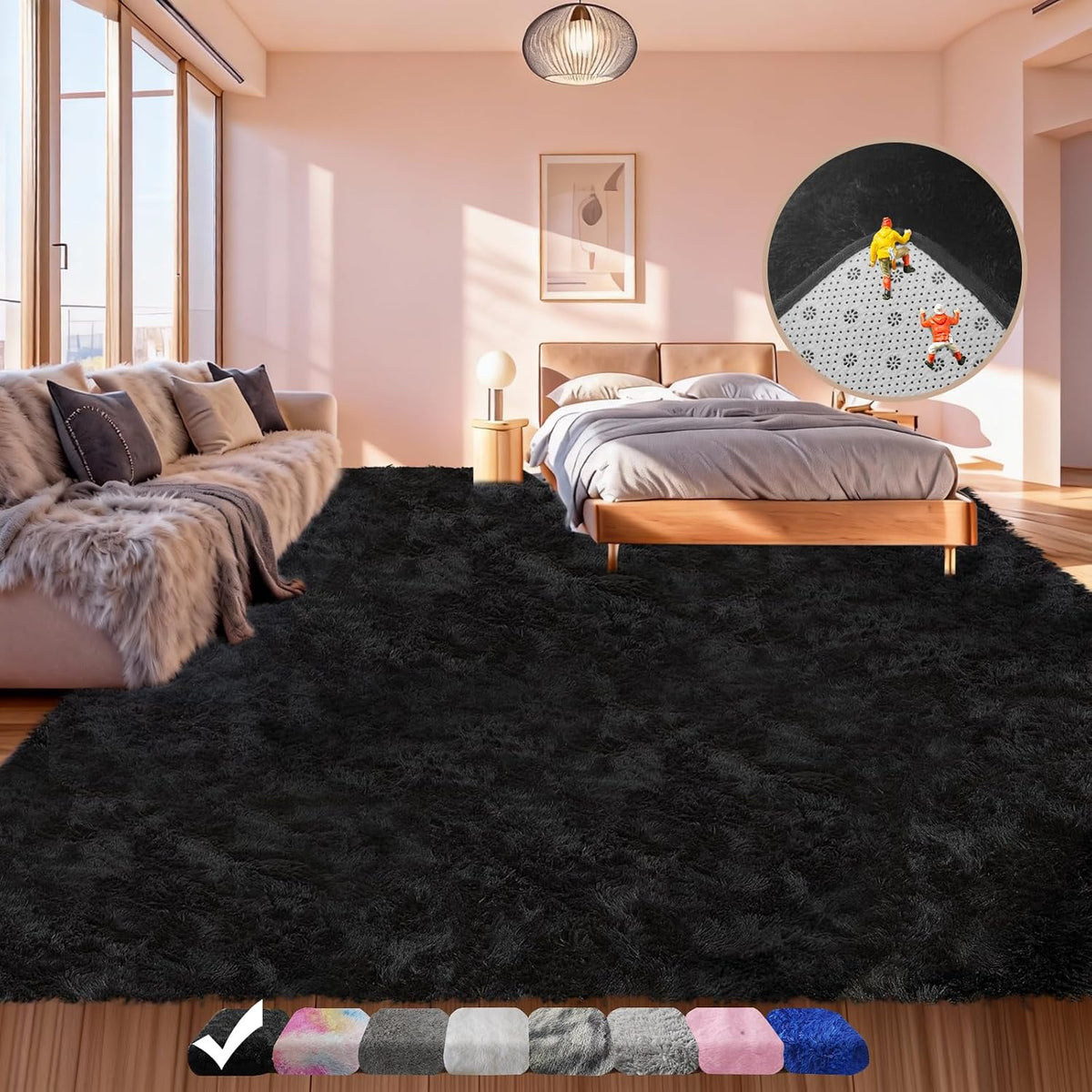 Alfombra Shag Ultra Suave 5x7 Pies Negra – Pelo Largo Esponjoso Antideslizante para Sala, Dormitorio y Cuarto de Niños
