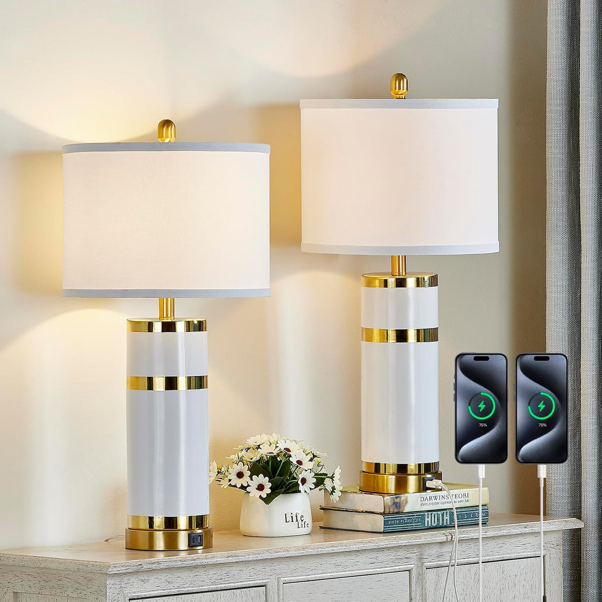 Lámparas de Mesa BLHDZJR Cerámica Blanco y Dorado 71cm (Set de 2) | Socket E26 con Interruptor Giratorio | Puertos USB A+C | Modernas para Mesa de Noche y Sala