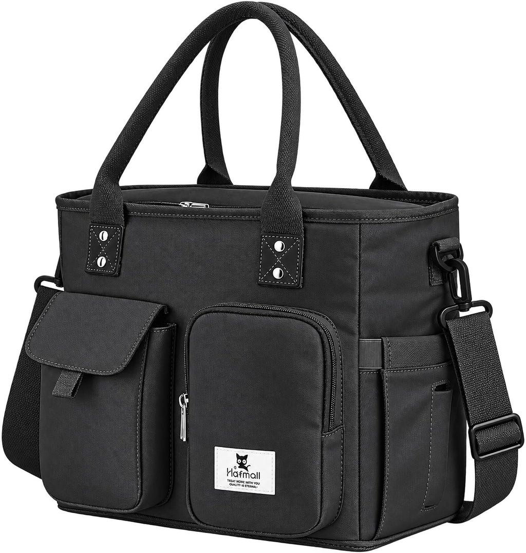 Bolsa térmica grande para el almuerzo Hafmall para hombres y mujeres, fiambrera a prueba de fugas para adultos, bolsa de almuerzo de amplia apertura con correa para el hombro, bolsa térmica reutilizable para el almuerzo, color negro