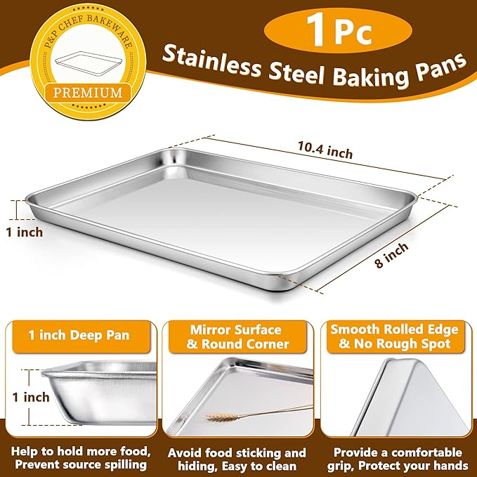 P&P CHEF Bandeja para Hornear de 10.4 Pulgadas con Juego de Rejilla, Bandeja de Acero Inoxidable para Galletas con Rejilla de Enfriamiento para Uso en Horno, Cocinar y Asar, No Tóxico
