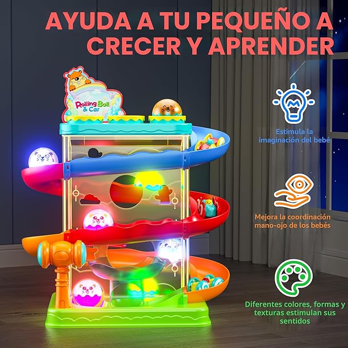 Juguete 2 en 1 Pista de Carreras y Pelota Rodante – Luces Sensor, STEM Montessori para Niños 1-5 Años