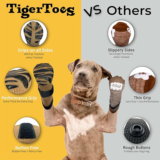 DOK TigerToes Calcetines antideslizantes de alta calidad para suelos de madera dura, agarre extra grueso que funciona incluso cuando se tuerce, evita lamer, resbalones e ideales para la protección de las patas del perro (caramelo fresco, mediano)