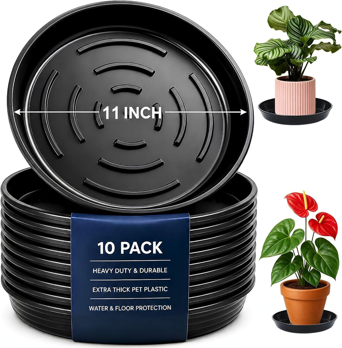 AKODENORA Paquete de 10 bandejas de goteo para plantas, platillos de plástico resistente de 25 cm (10 pulgadas), platillos para macetas a granel, platos para plantas más profundos de 3,8 cm (1,5 pulgadas) para recoger el agua, platillos duraderos para