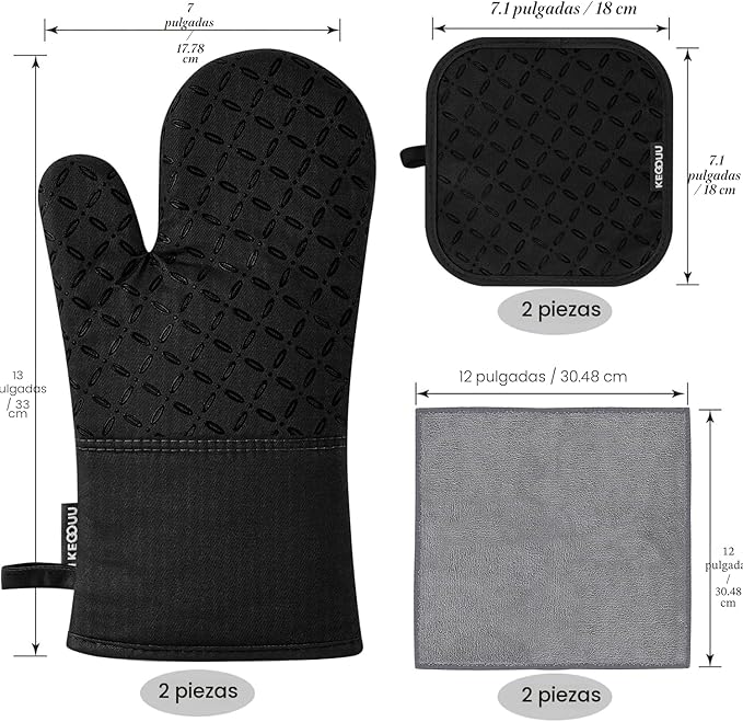 KEGOUU Juego de 6 manoplas para horno y soportes para ollas, guantes para horno de cocina, resistentes al calor, 500 grados, extra largos, agarraderas y agarraderas con superficie de silicona