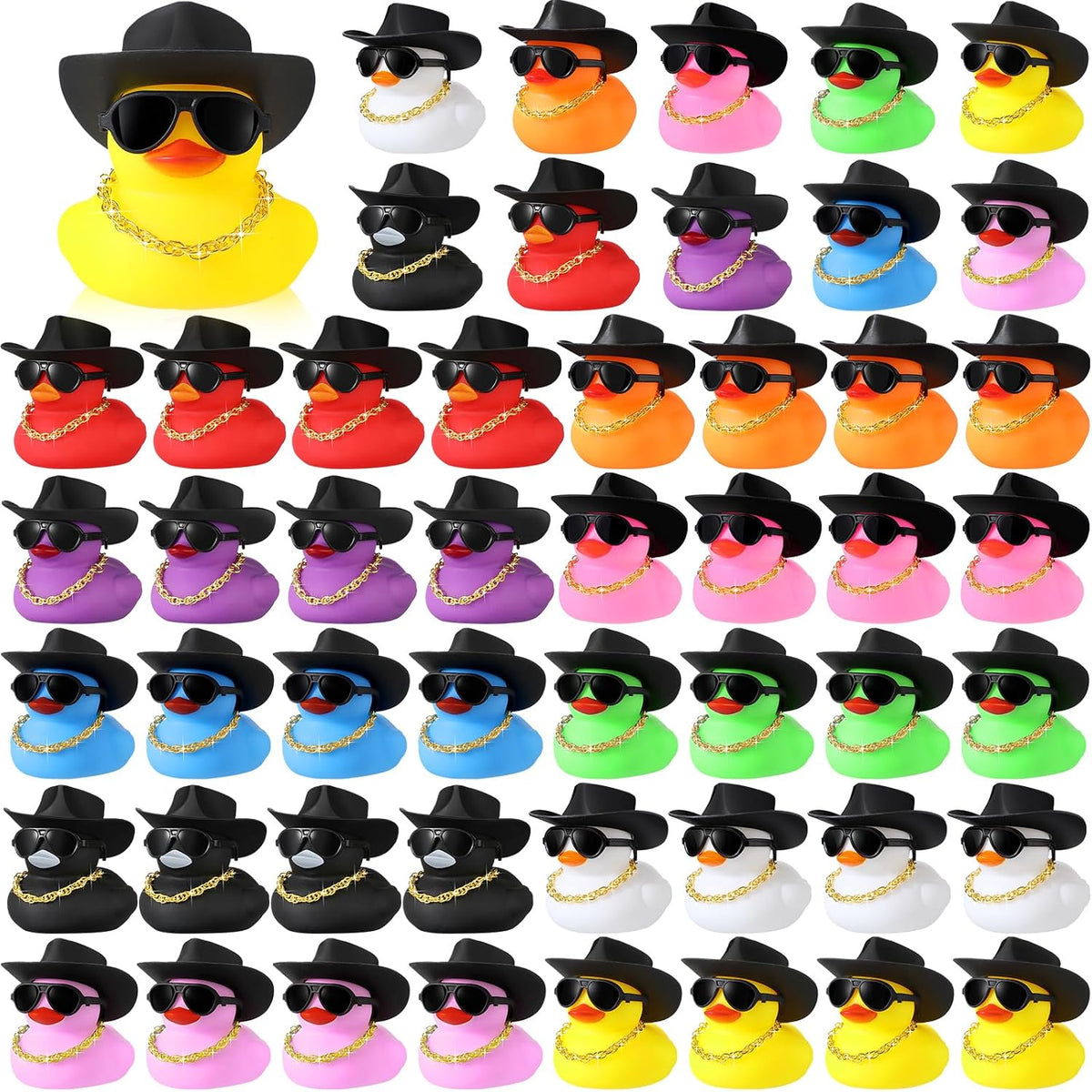 Sotiff 48 juegos de patitos de goma con sonido, ideales para fiestas, decoración de salpicaderos de coche, con mini collar, sombrero y gafas de sol para baby shower, cumpleaños y fiestas en la piscina (colores bonitos).