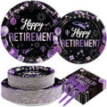 Greencian 200 piezas Artículos para fiesta de jubilación morados Platos, servilletas y tenedores morados y negros Juego de vajilla Feliz Jubilación para mujeres Artículos para fiesta de despedida recién jubilada Sirve para 50 personas