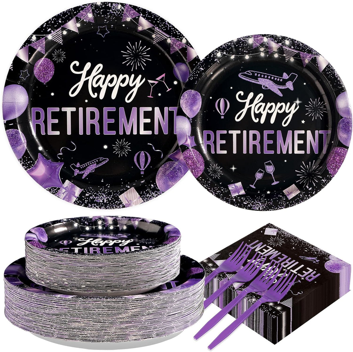 Greencian 200 piezas Artículos para fiesta de jubilación morados Platos, servilletas y tenedores morados y negros Juego de vajilla Feliz Jubilación para mujeres Artículos para fiesta de despedida recién jubilada Sirve para 50 personas