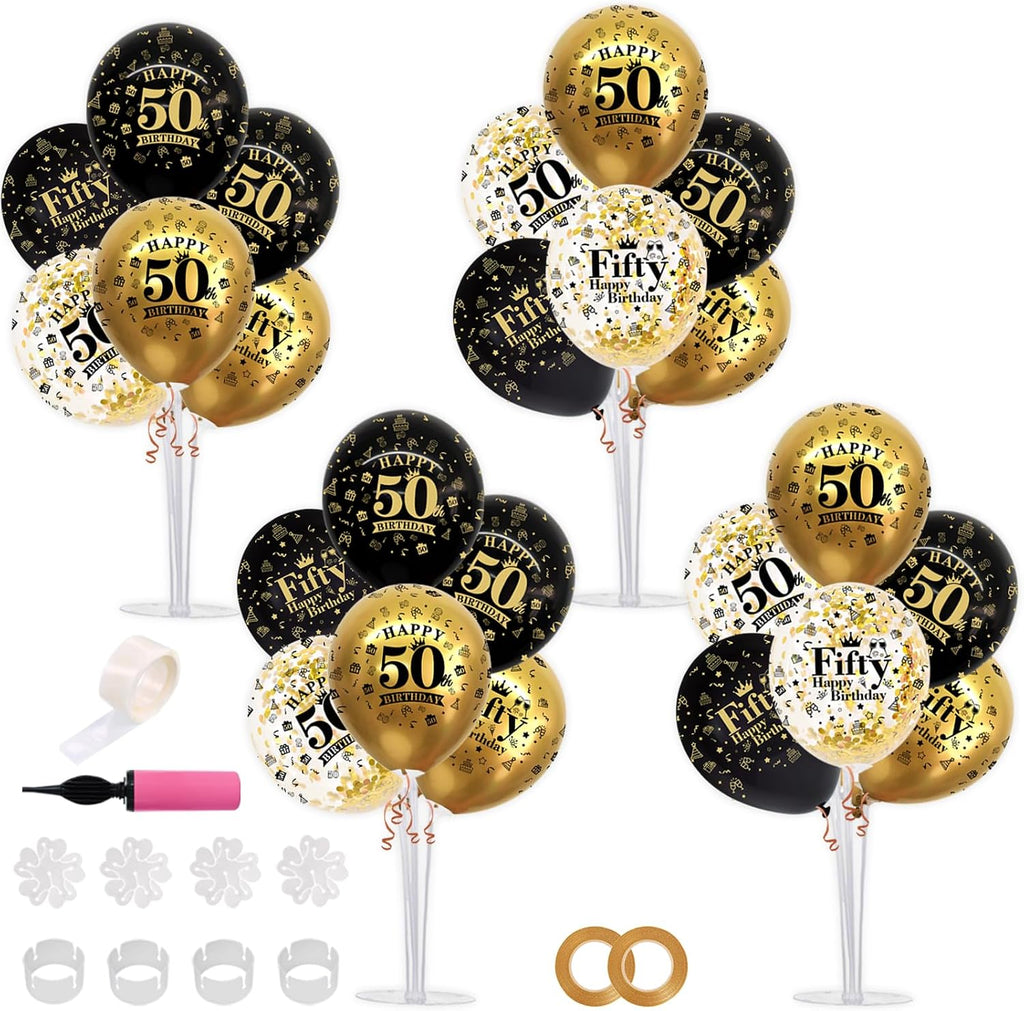 TONIFUL Juego de 4 soportes para globos negros y dorados para decoraciones de cumpleaños de 50 años, centros de mesa con globos para decoración de fiestas de cumpleaños de 50 años para hombres y mujeres.
