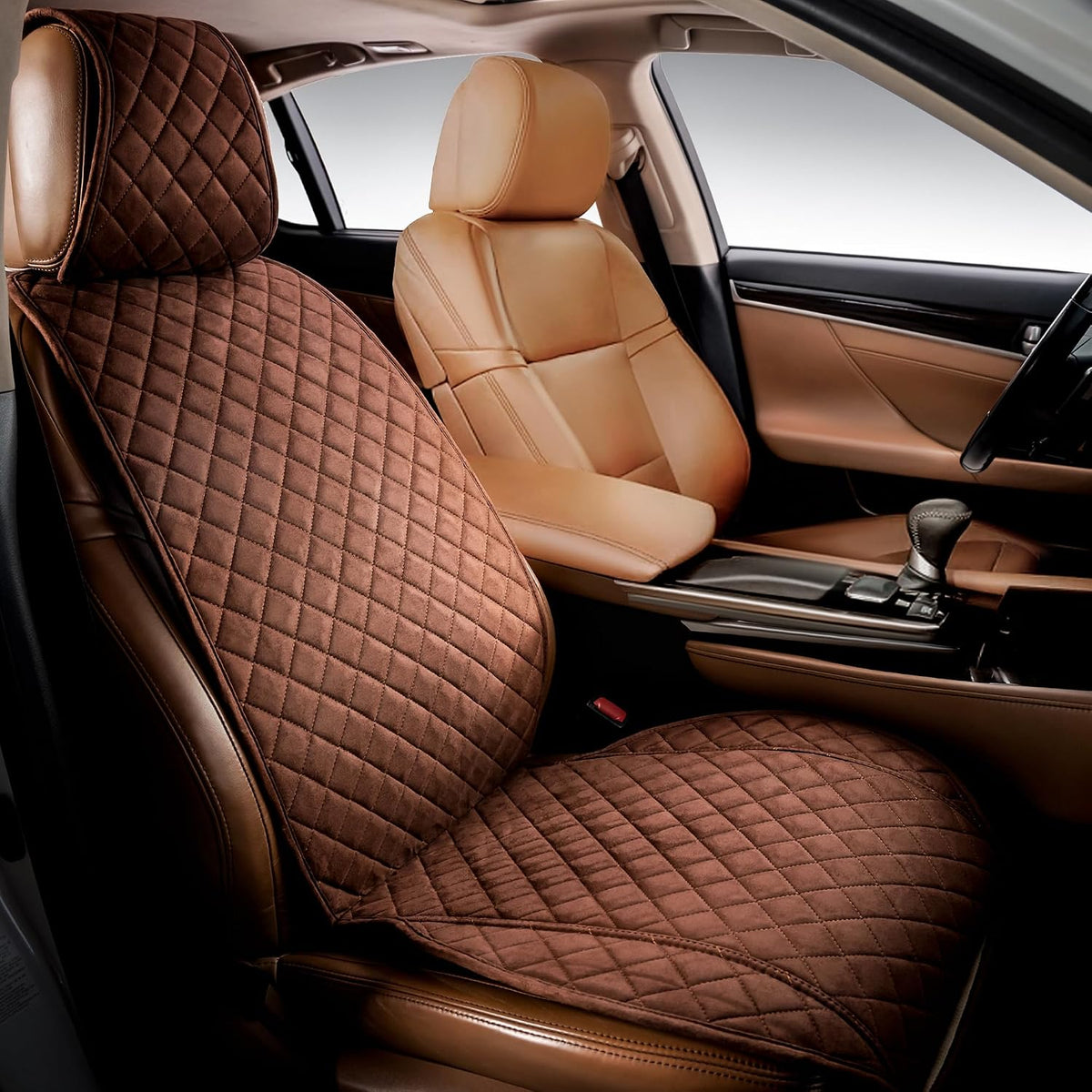 Funda para asiento delantero de coche IVICY de gamuza sintética – Protector antideslizante para asientos tipo butaca para la mayoría de coches, SUV, furgonetas y camiones – 1 funda, lavable a máquina, compatible con airbags laterales, color marrón