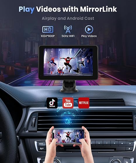 Radio de Auto Portátil Podofo 7" — CarPlay Inalámbrico, Android Auto, Bluetooth, GPS, Mirror Link