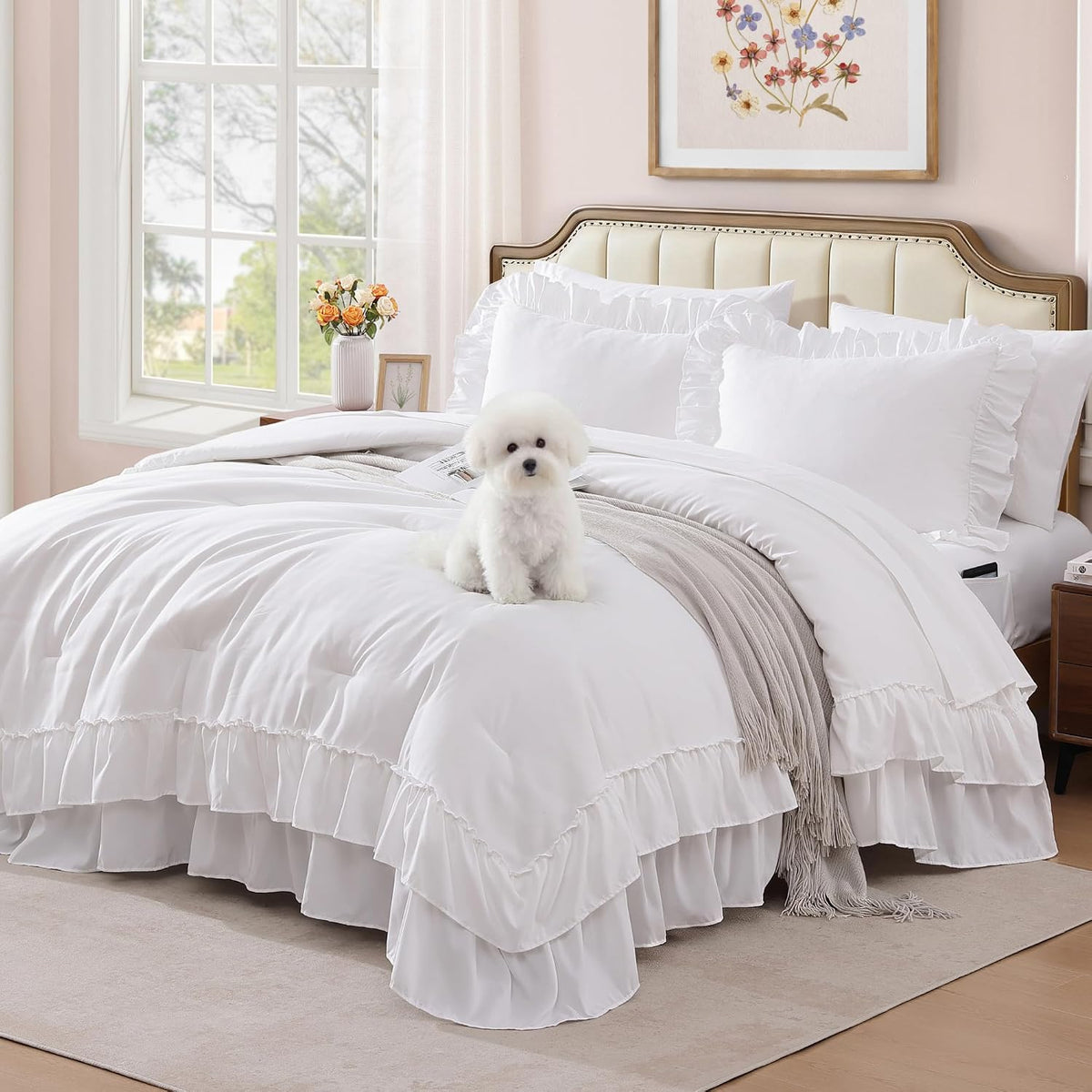 Juego de edredón tamaño king AMBERSPACE blanco, juego de ropa de cama estilo shabby chic con volantes, 7 piezas, juego de cama mullido para todas las estaciones con sábanas, fundas de almohada y fundas decorativas.