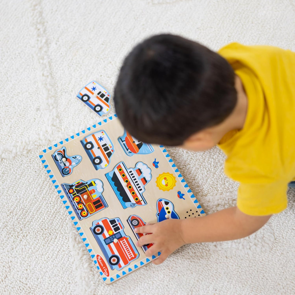 Melissa & Doug Puzzle Vehículos con Sonidos, Rompecabezas de Madera para niños, Tablero de Madera Resistente, Juguete Educativo, Montessori, Regalo para niños y niñas de 2 3 4 años