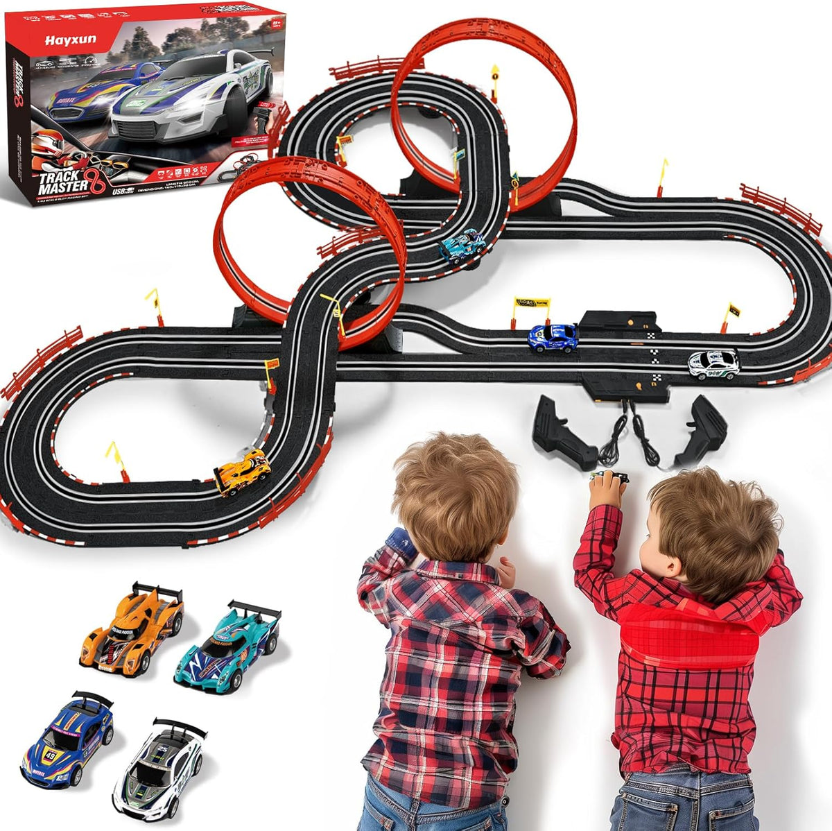 Pista Carros Ranura 9.1m Escala 1:43 Dual, 4 Carros, 2 Controles, Juguete Edades 8-13 Años