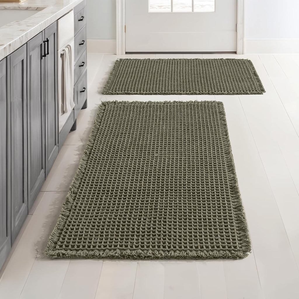 MIULEE Set de 2 Alfombras de Baño Waffle | Absorbentes Antideslizantes Lavables con Borlas Verde 43x61 y 46x76cm
