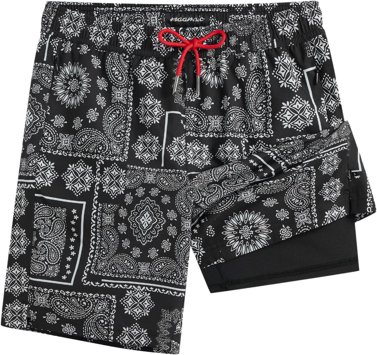 Traje de Bano maamgic para Hombre con Forro de Compresion 9 pulg | Tela Elastica Reciclada, Bolsillos con Cierre, Secado Rapido | Negro Paisley | Talla XXL