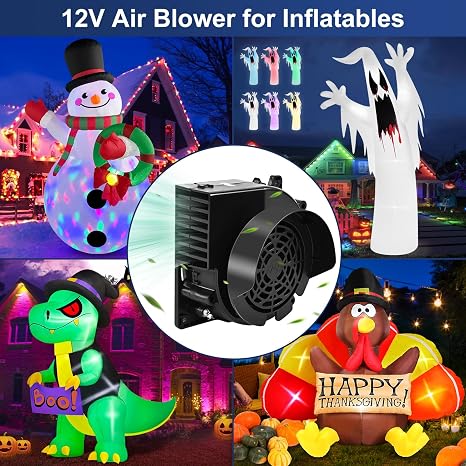 1 soplador de aire para inflables, 12 V, 1.5 A, repuesto resistente a la intemperie, ventilador inflable con 5 luces LED y adaptador de 12 V 2.0 A para decoraciones inflables de 9/10/12/14 pies